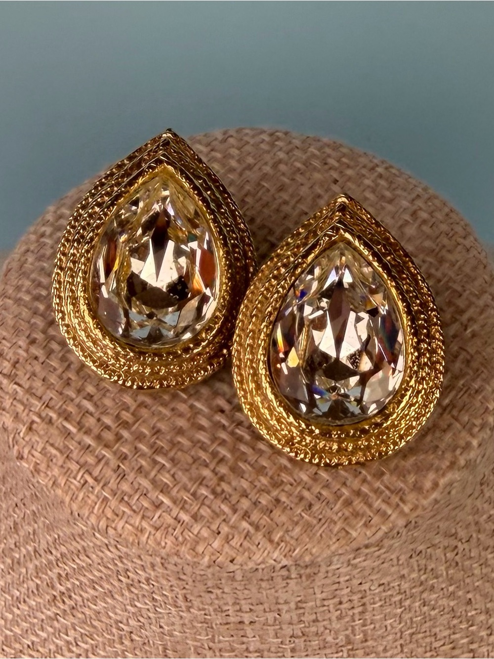 Vintage Donald Stannard Gold Teardrop Rhinestone Clip Earrings 1980s Runway